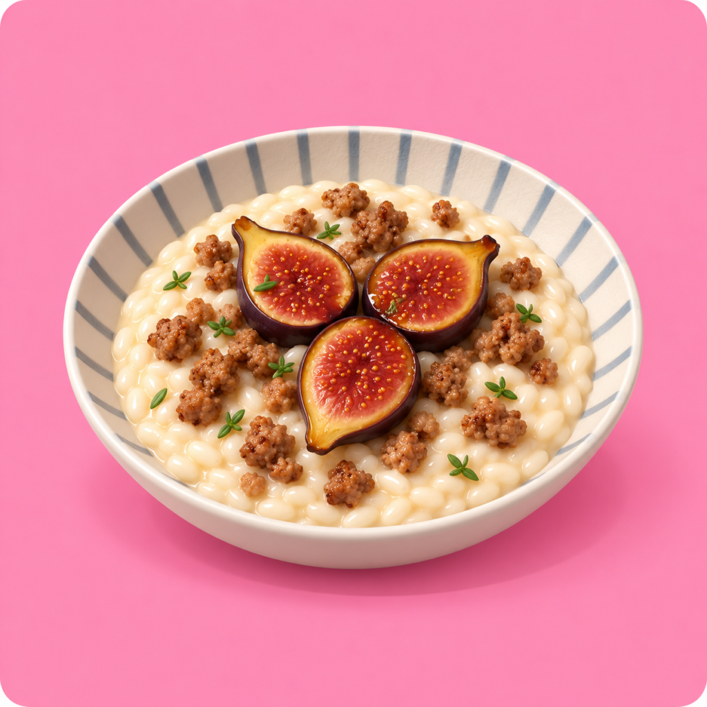 Illustrazione di Risotto con fichi, robiola di capra e crumble di salsiccia