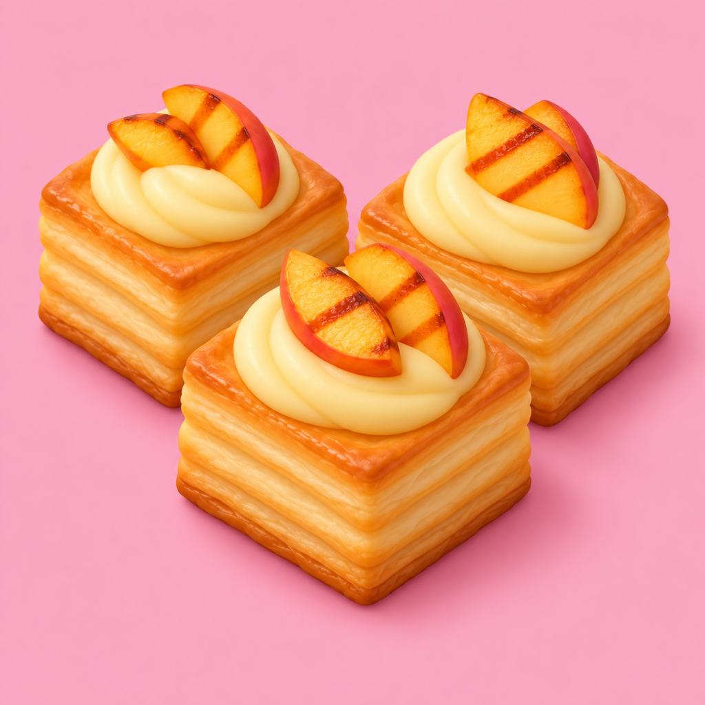 Illustrazione di Cubi di pasta sfoglia con crema allo zafferano e pesche